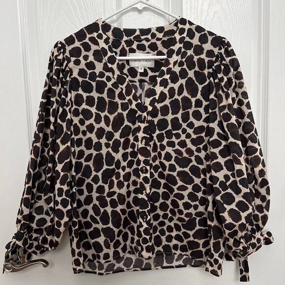 Cara Cara V Neck Blouse animal print cuff ties brown tan small - Picture 12 of 13